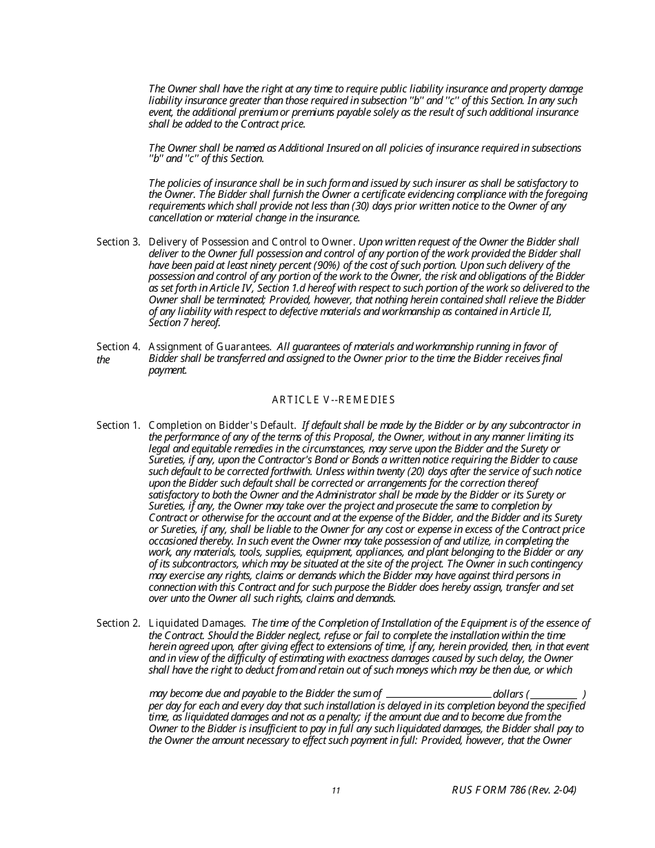 RUS Form 786 Electric System Communications and Control Equipment Contract (Including Installation), Page 11