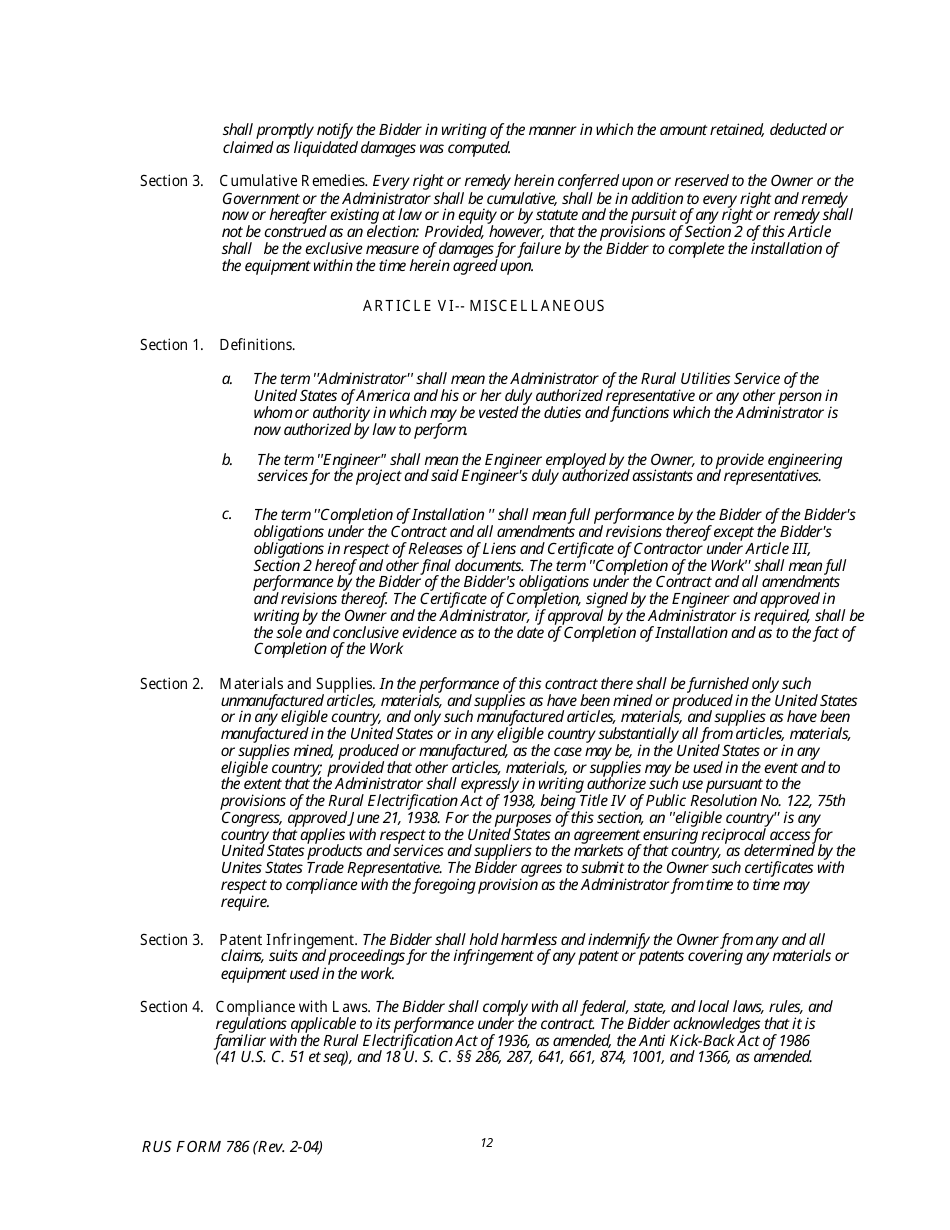 RUS Form 786 Electric System Communications and Control Equipment Contract (Including Installation), Page 12
