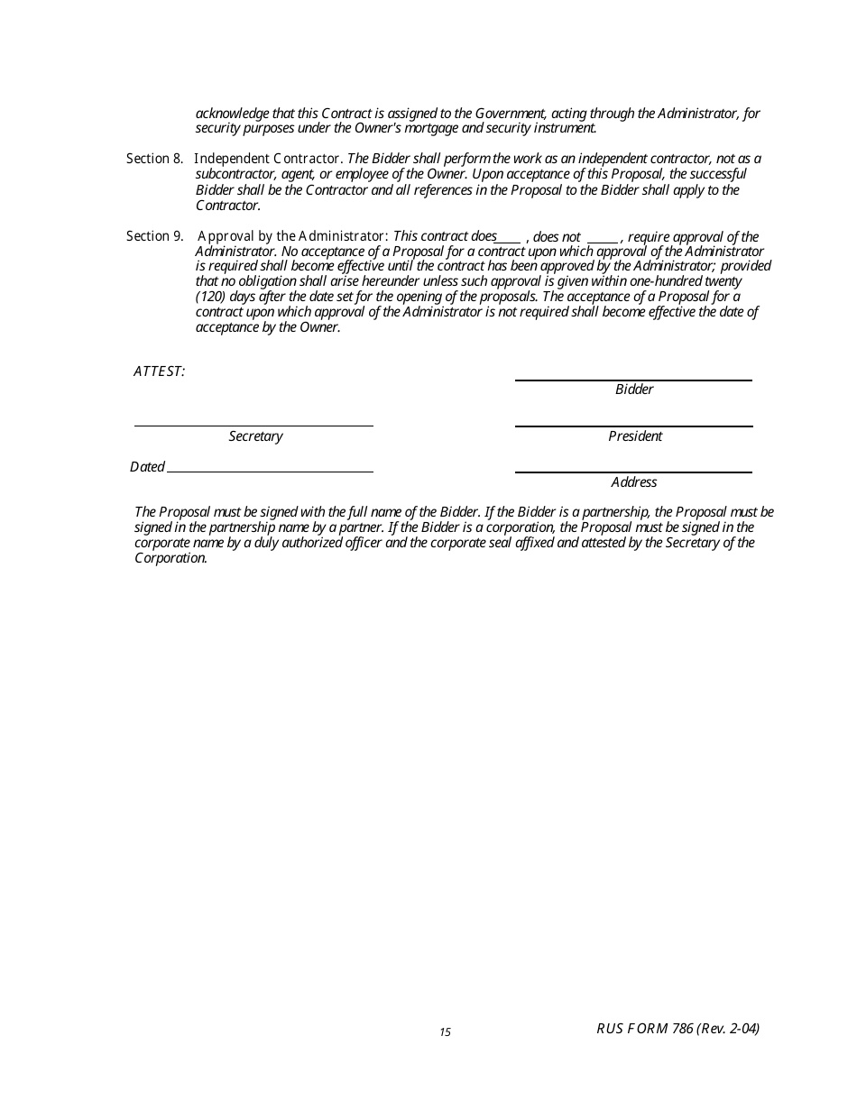 RUS Form 786 Electric System Communications and Control Equipment Contract (Including Installation), Page 15