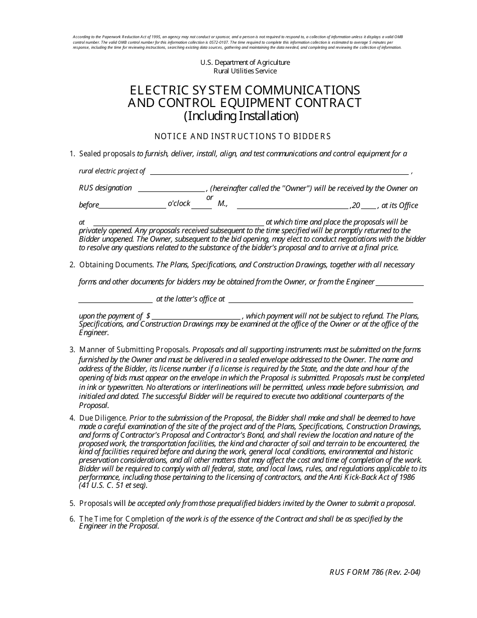 RUS Form 786 Electric System Communications and Control Equipment Contract (Including Installation), Page 1