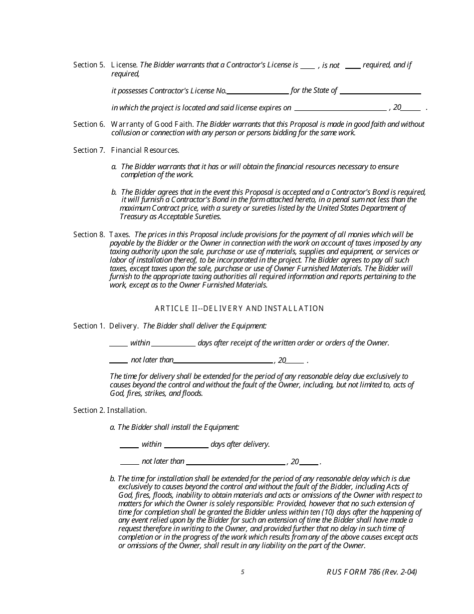 RUS Form 786 Electric System Communications and Control Equipment Contract (Including Installation), Page 5