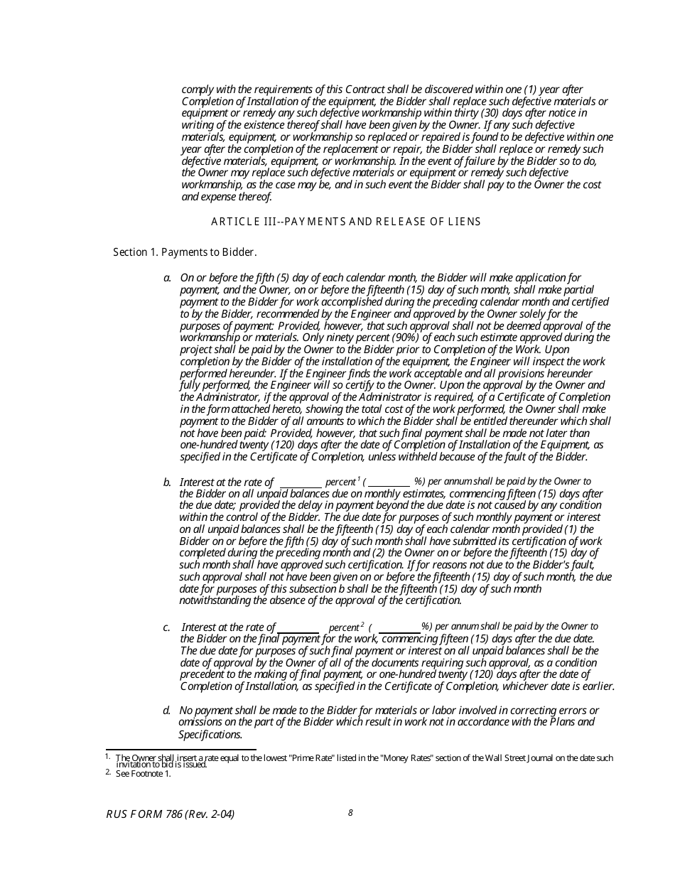RUS Form 786 Electric System Communications and Control Equipment Contract (Including Installation), Page 8