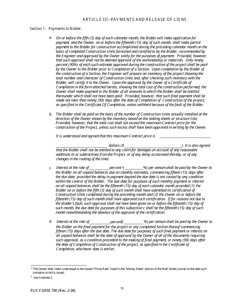 RUS Form 790 Electric System Construction Contract - Non-site Specific Construction, Page 10