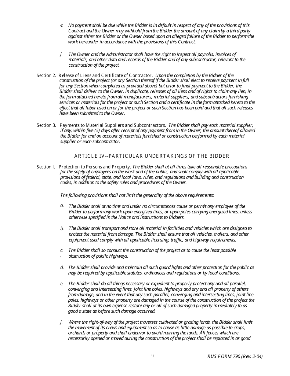 RUS Form 790 Electric System Construction Contract - Non-site Specific Construction, Page 11