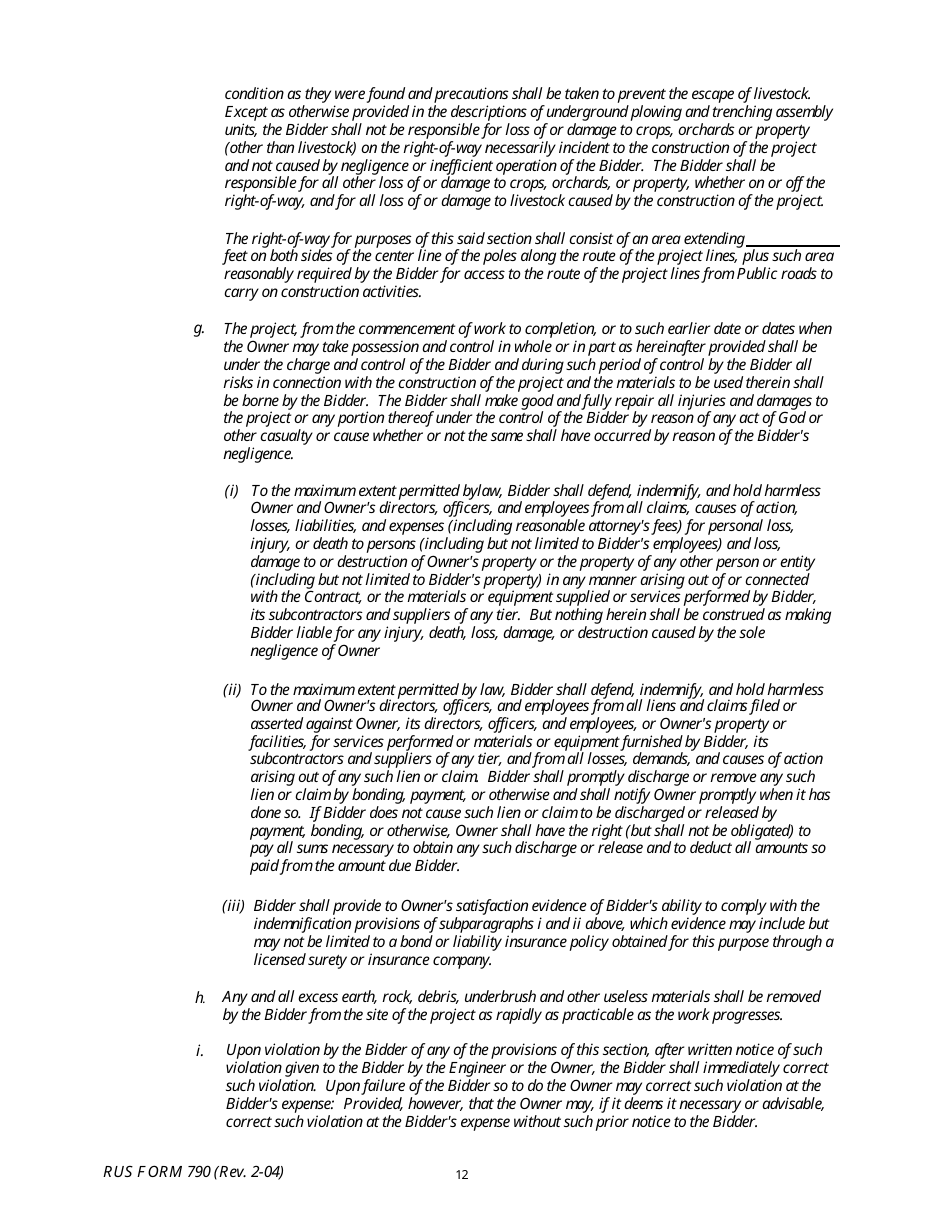 RUS Form 790 Electric System Construction Contract - Non-site Specific Construction, Page 12