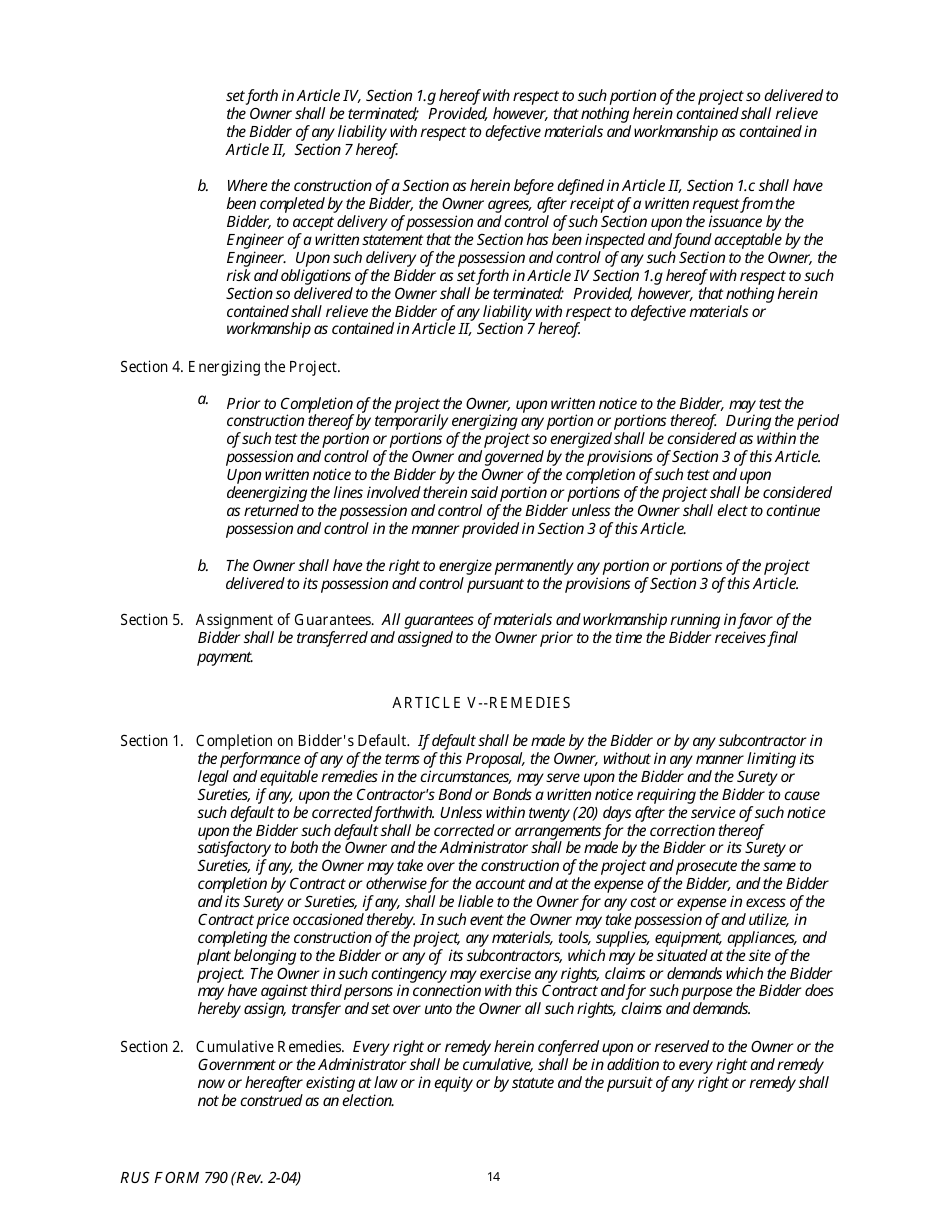 RUS Form 790 Electric System Construction Contract - Non-site Specific Construction, Page 14