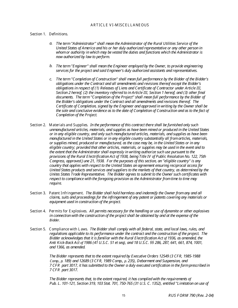 RUS Form 790 Electric System Construction Contract - Non-site Specific Construction, Page 15