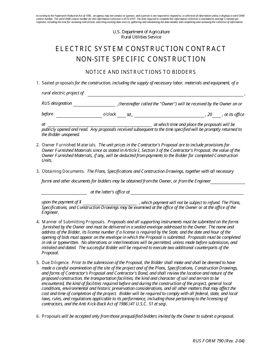 RUS Form 790 Electric System Construction Contract - Non-site Specific Construction, Page 1
