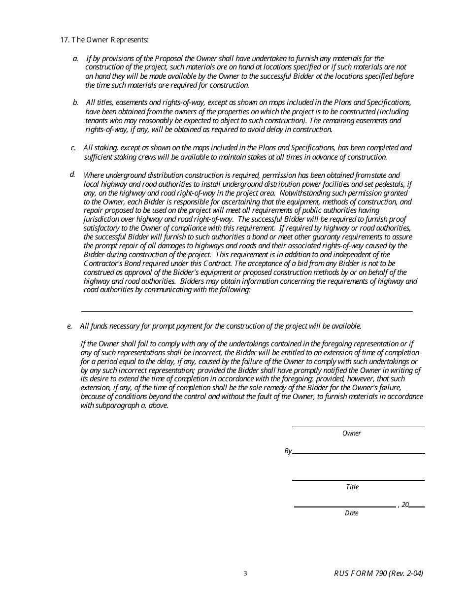 RUS Form 790 Electric System Construction Contract - Non-site Specific Construction, Page 3