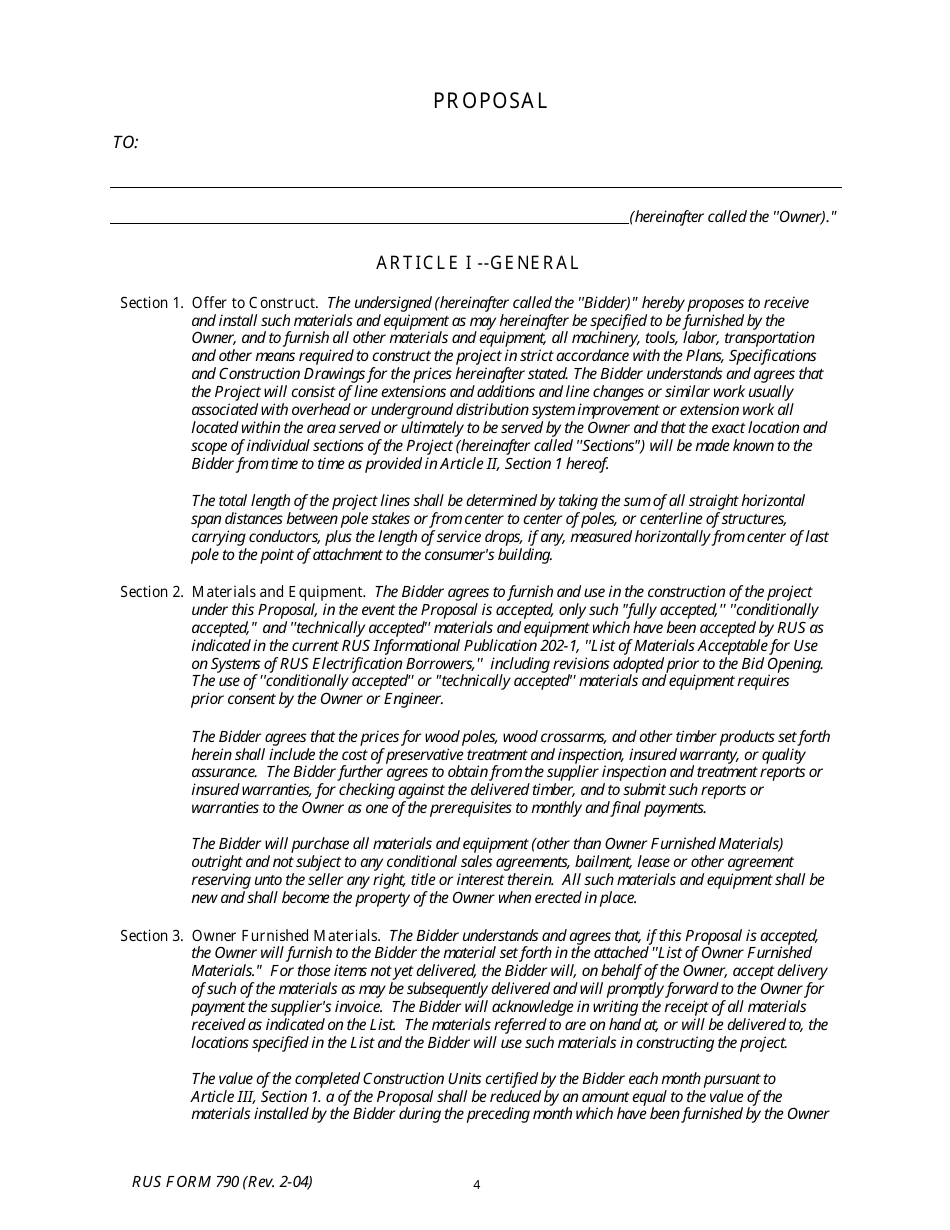 RUS Form 790 Electric System Construction Contract - Non-site Specific Construction, Page 4