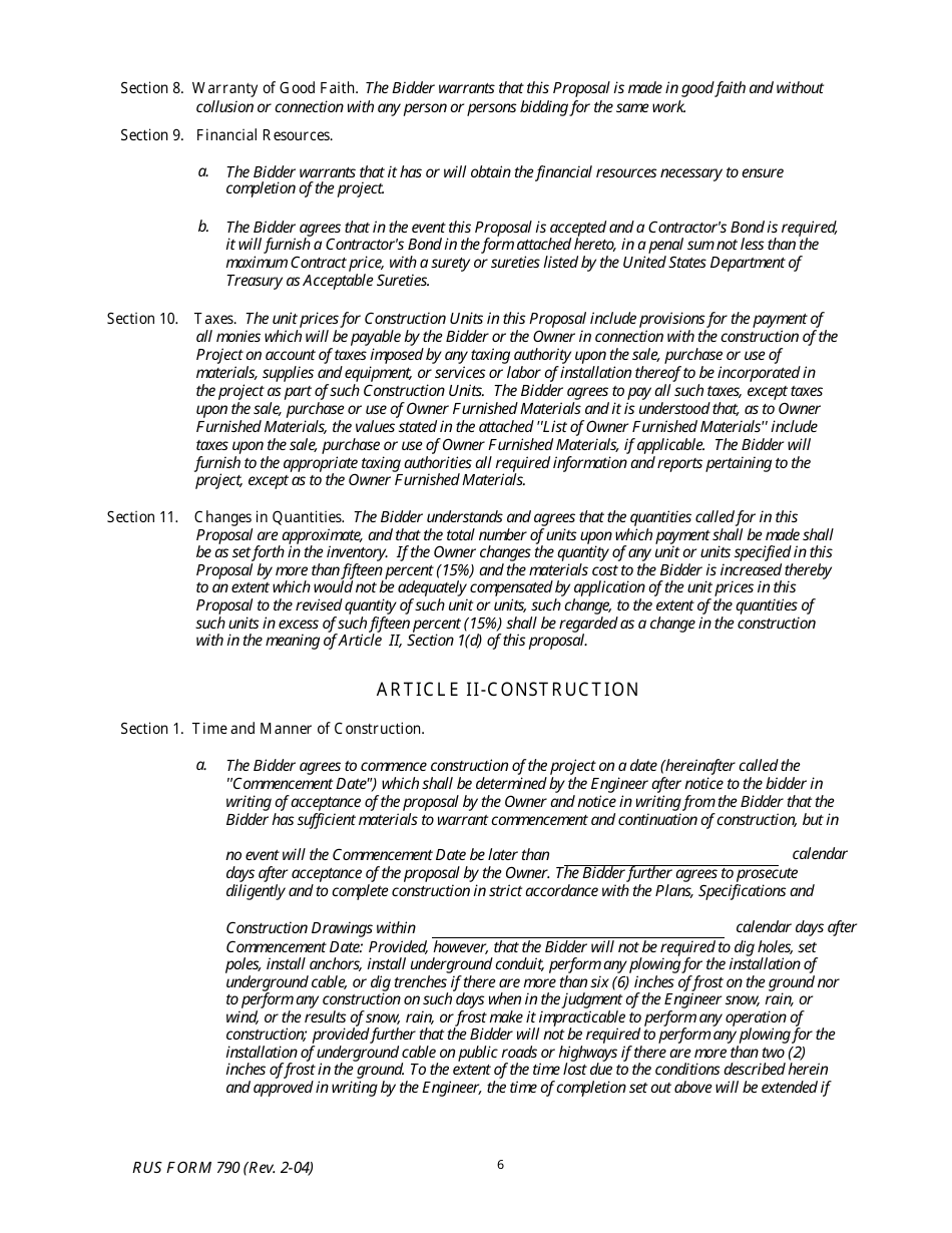 RUS Form 790 Electric System Construction Contract - Non-site Specific Construction, Page 6