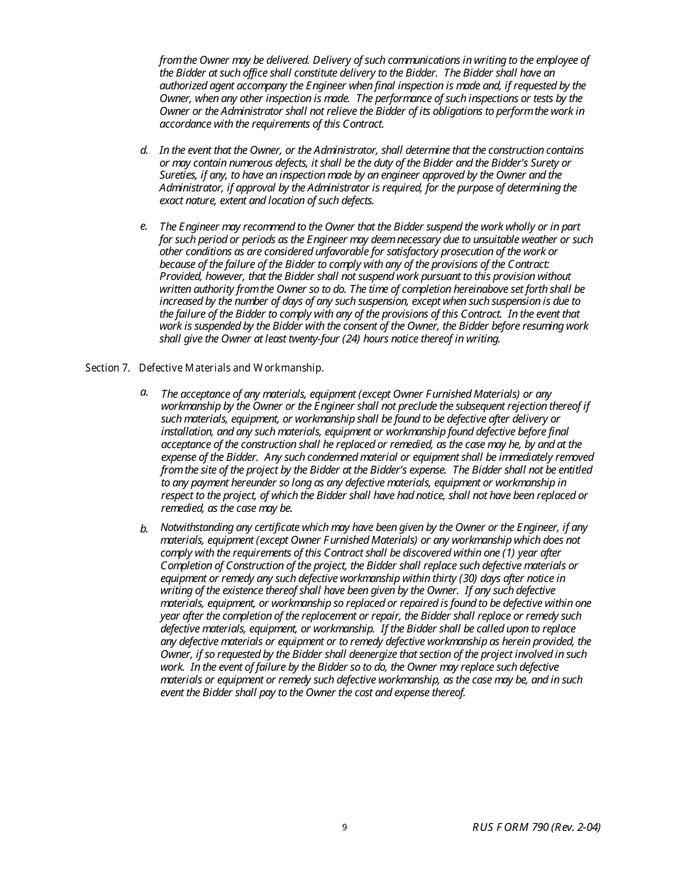 RUS Form 790 Electric System Construction Contract - Non-site Specific Construction, Page 9