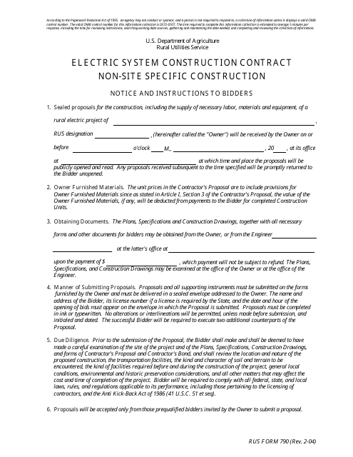 RUS Form 790 Electric System Construction Contract - Non-site Specific Construction