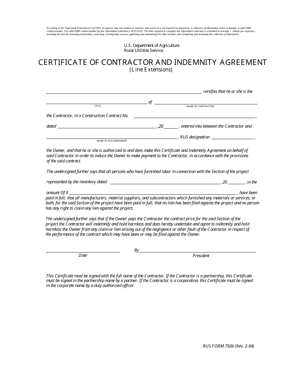 RUS Form 792B Certificate of Contractor and Indemnity Agreement (Line Extensions), Page 1