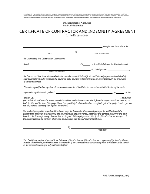 RUS Form 792B Certificate of Contractor and Indemnity Agreement (Line Extensions)