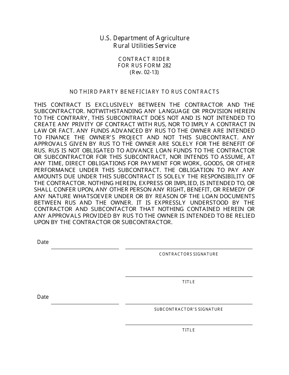 Contract Rider for RUS Form 282, Page 1