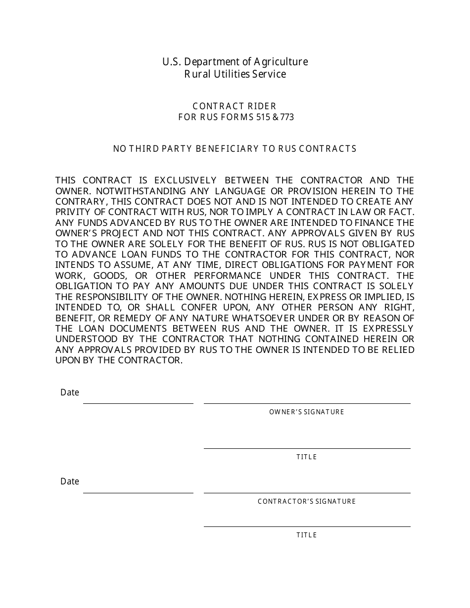 Contract Rider for RUS Forms 515 and 773, Page 1