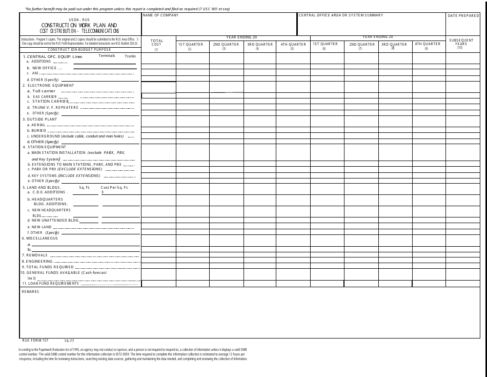 Form 157 Construction Work Plan and Cost Distributi0n - Telecommunications, Page 1