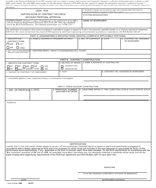 RUS Form 158 Download Fillable PDF or Fill Online Certification of ...