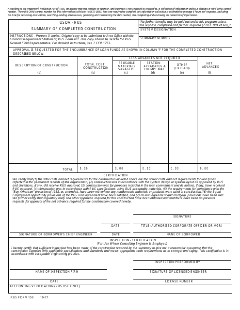 RUS Form 159 Summary of Completed Construction
