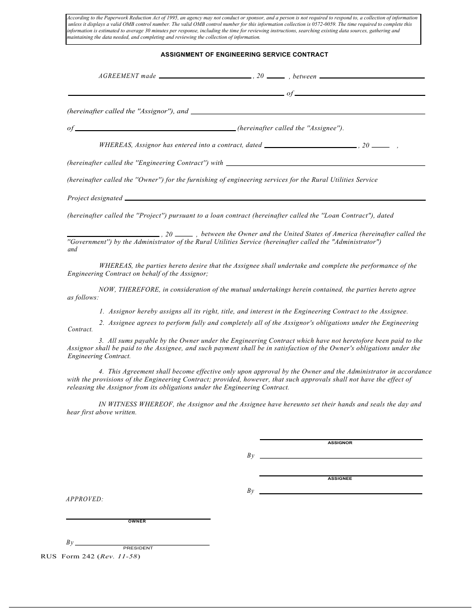 RUS Form 242 Assignment of Engineering Service Contract, Page 1