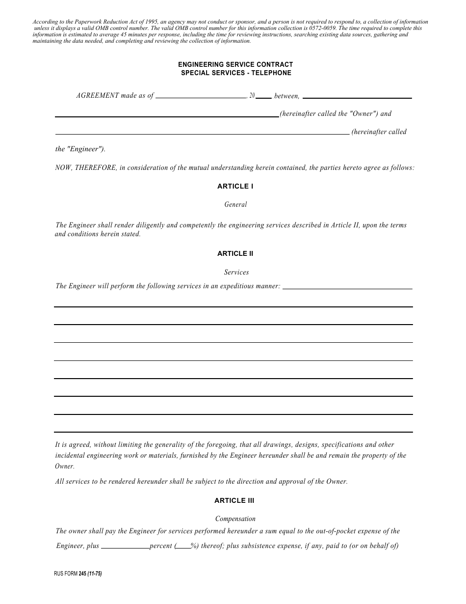 RUS Form 245 Engineering Service Contract Special Services - Telephone, Page 1
