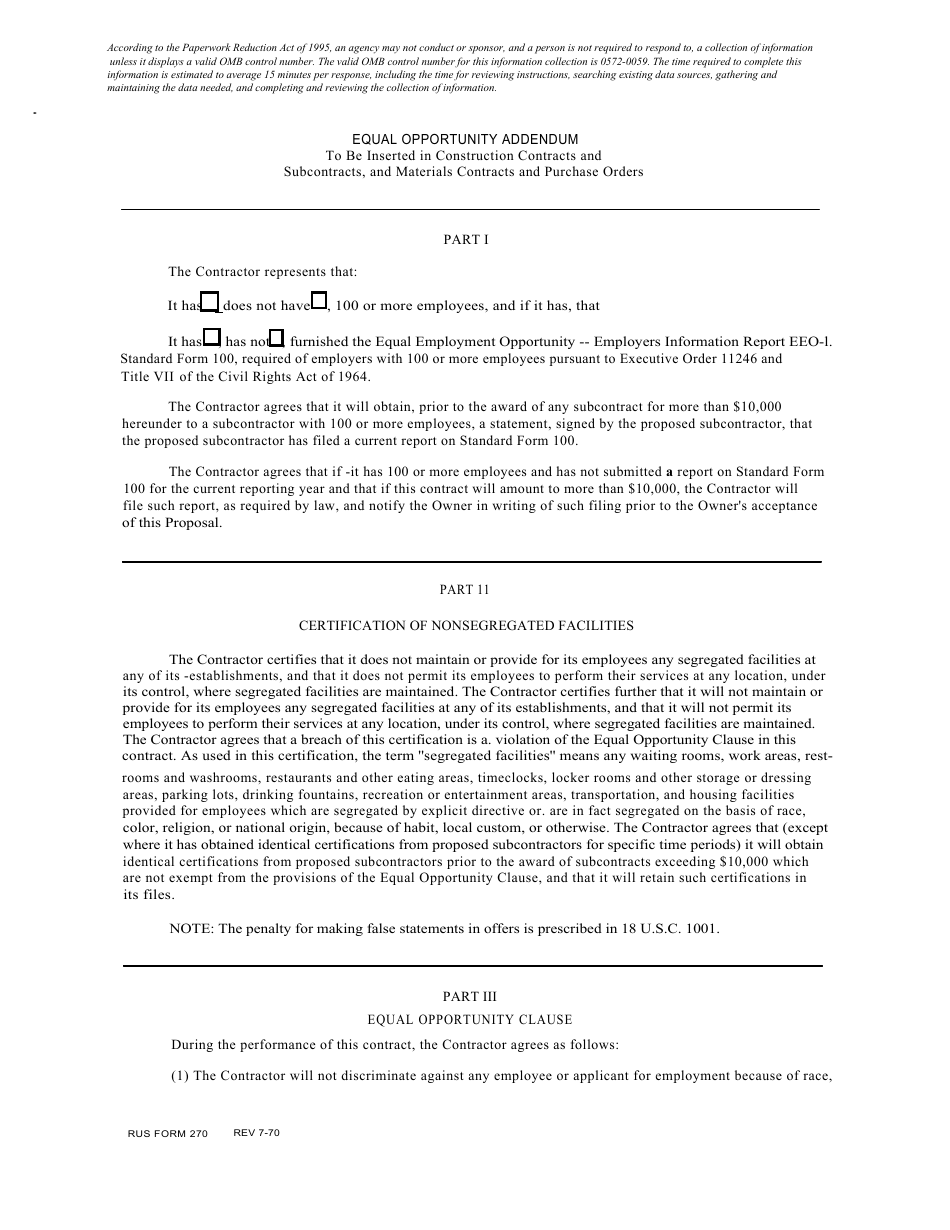 RUS Form 270 Equal Opportunity Addendum, Page 1