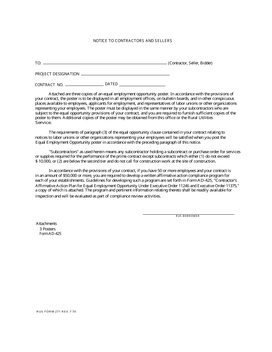 RUS Form 271 Notice to Contractors and Sellers, Page 1
