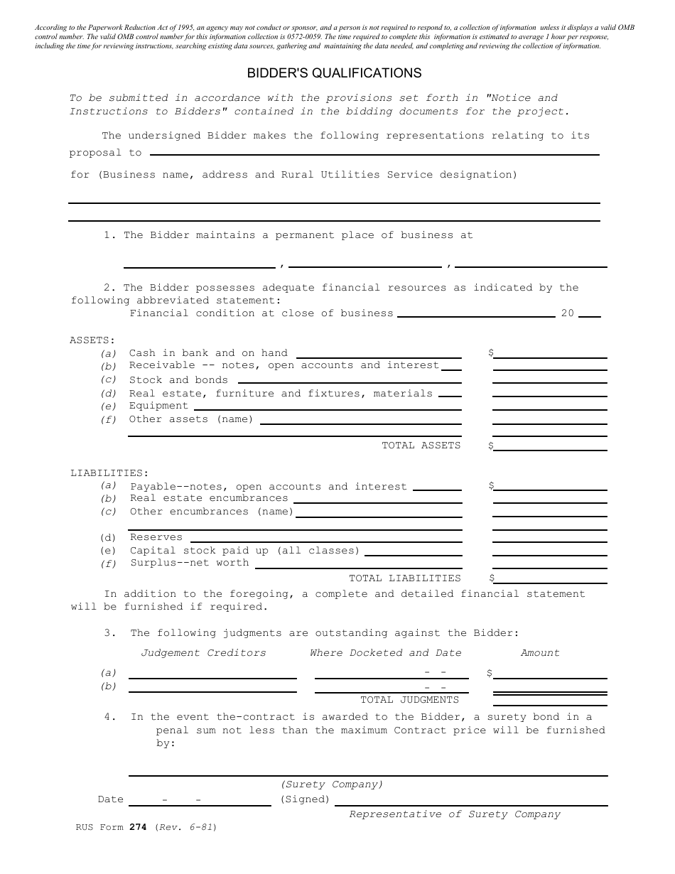 RUS Form 274 Bidders Qualifications, Page 1
