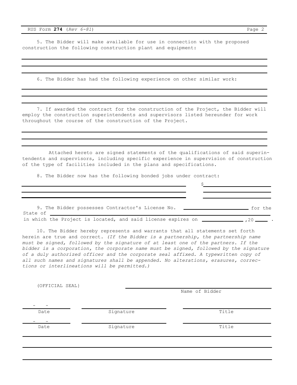 RUS Form 274 Bidders Qualifications, Page 2