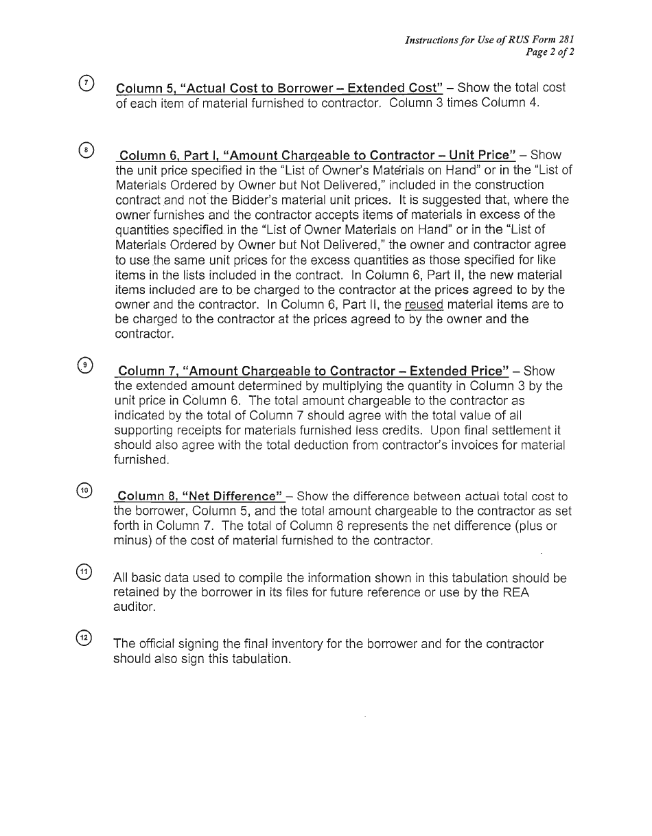 Instructions for RUS Form 281 Tabulation of Materials Furnished by Borrower, Page 2