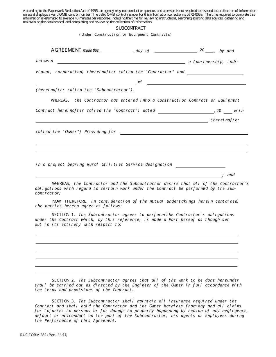 RUS Form 282 Subcontract (Under Construction or Equipment Contracts), Page 1