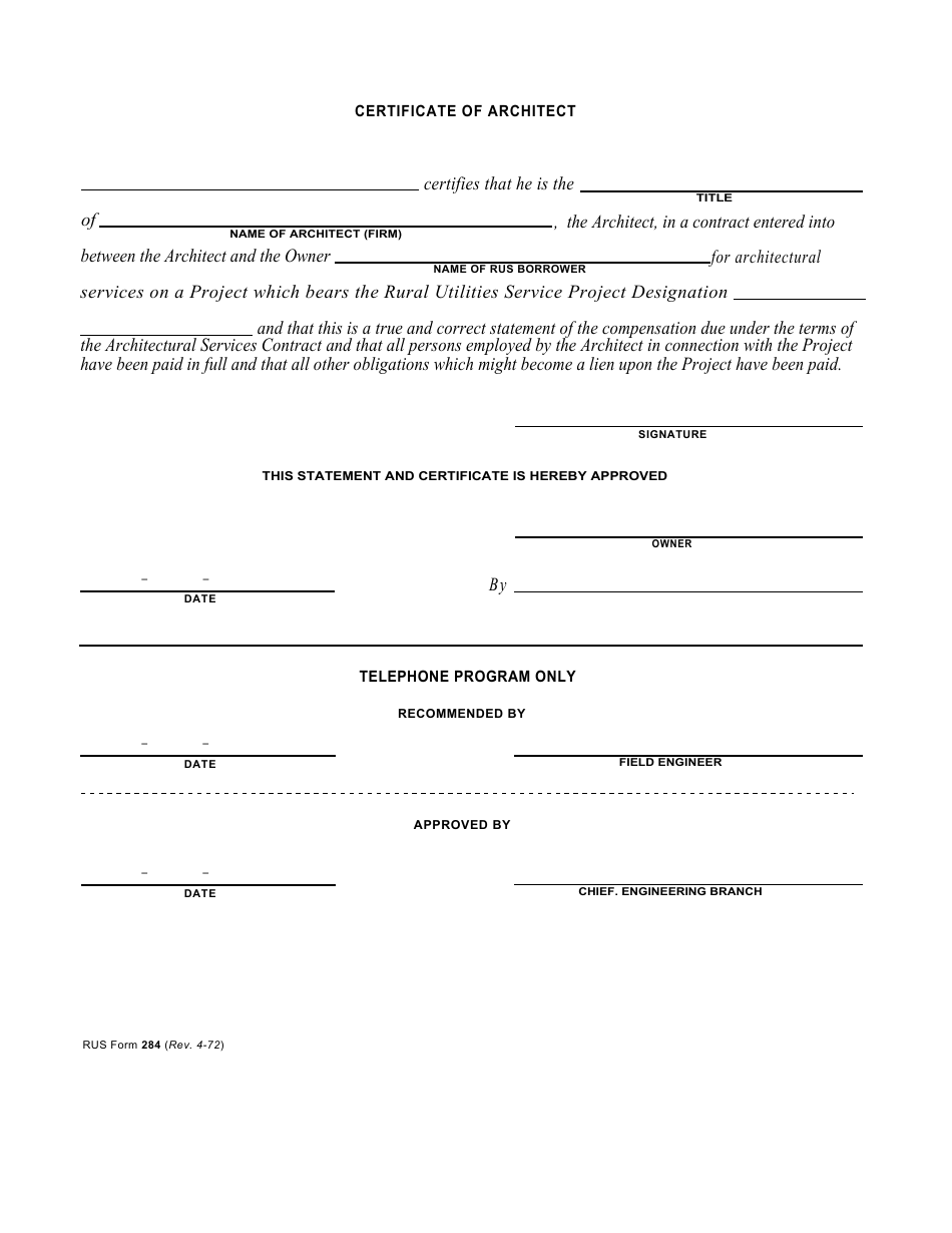 RUS Form 284 Final Statement of Cost for Architectural Service, Page 2