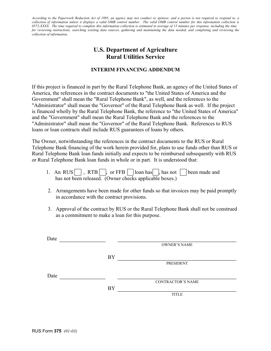 RUS Form 375 Interim Financing Addendum, Page 1