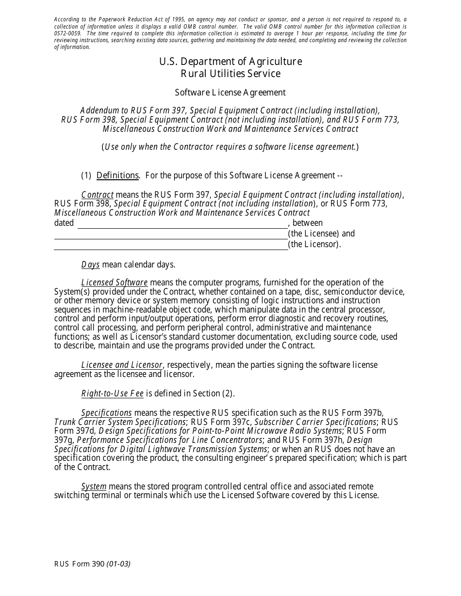 RUS Form 390 Software License Agreement, Page 1