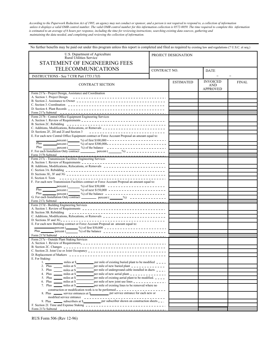 RUS Form 506 Statement of Engineering Fees Telecommunications, Page 1