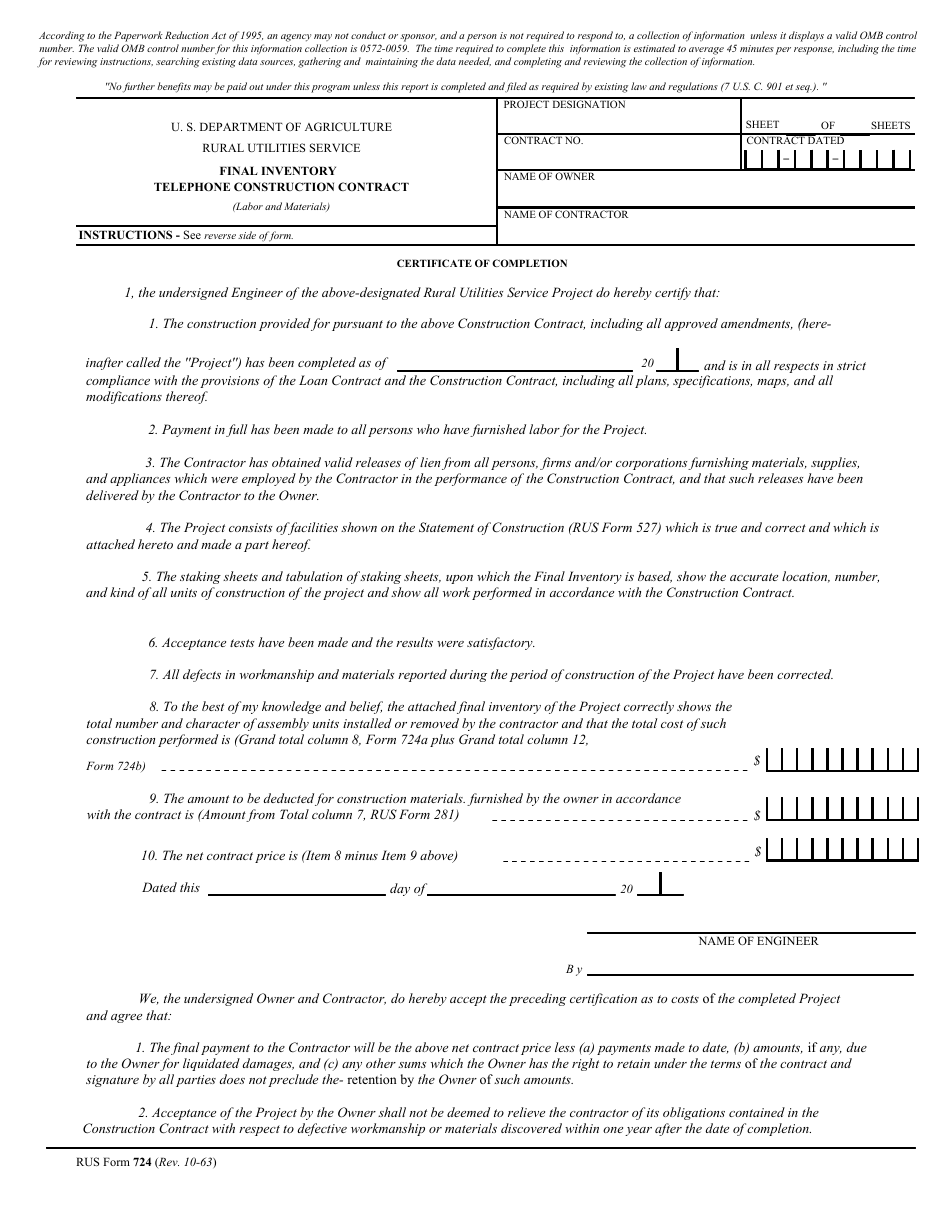 RUS Form 724 Final Inventory - Telephone Construction Contract, Page 1