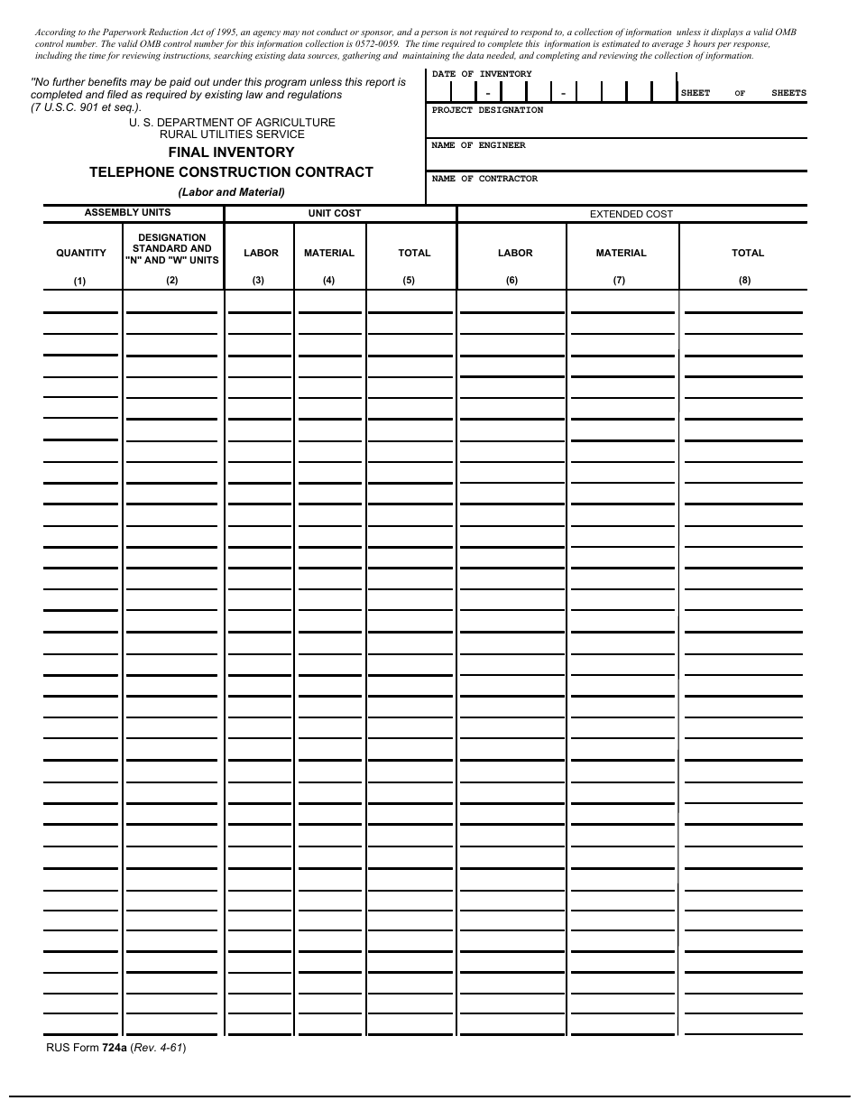 RUS Form 724A Final Inventory - Telephone Construction Contract (Labor and Material), Page 1