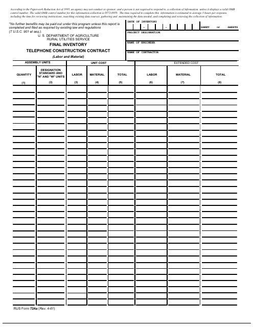 RUS Form 724A Final Inventory - Telephone Construction Contract (Labor and Material)