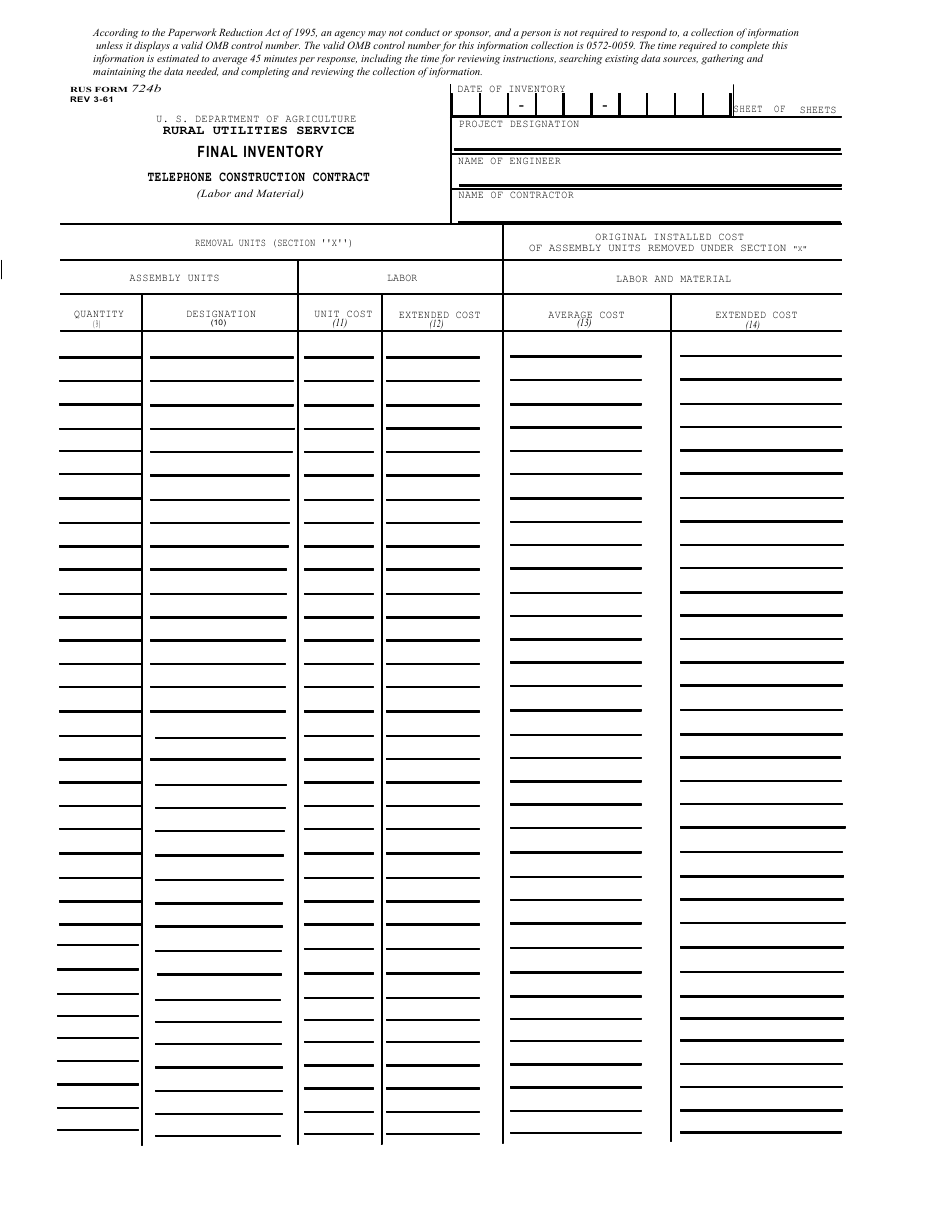 RUS Form 724B Final Inventory Telephone Construction Contract (Labor and Material), Page 1