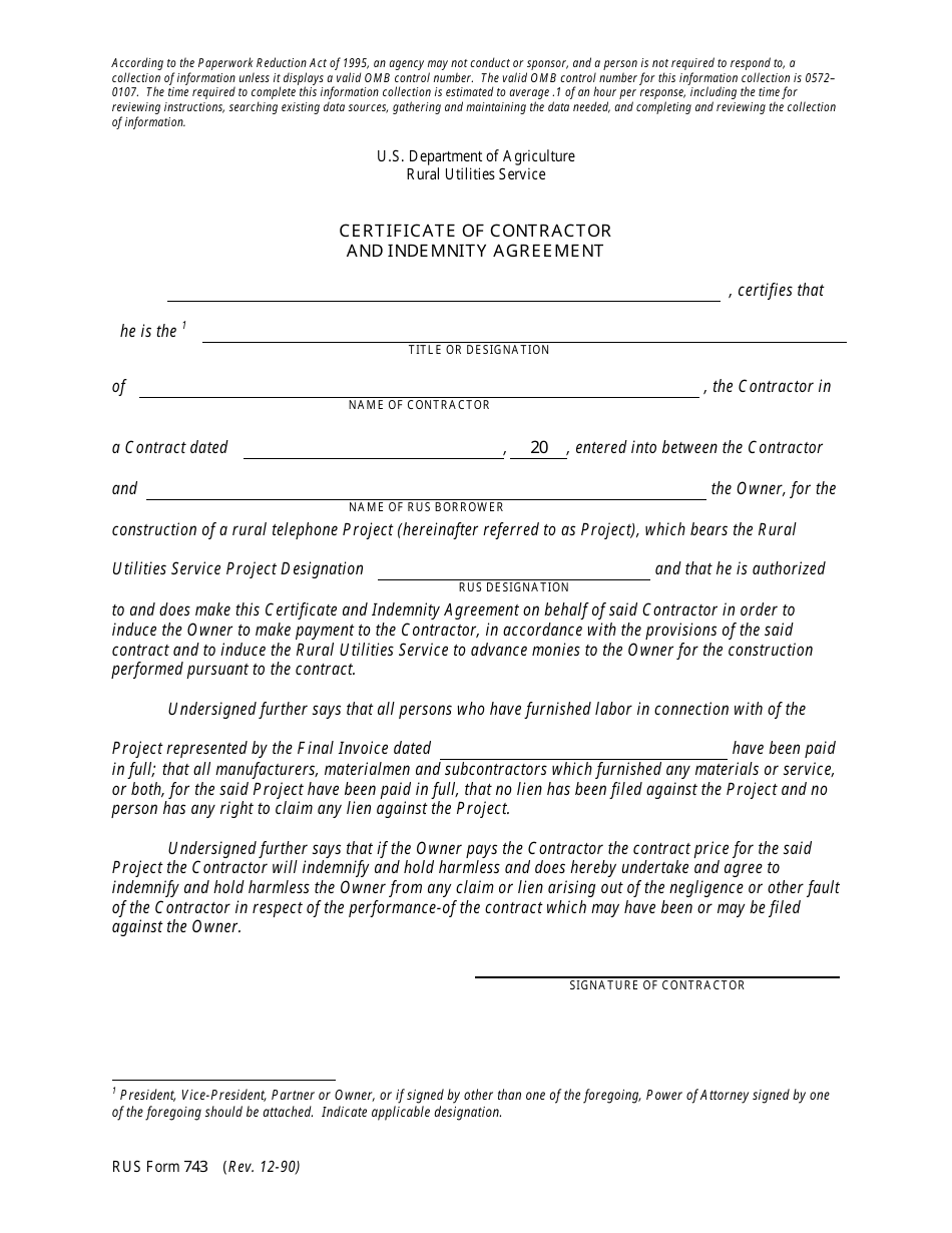 RUS Form 743 Certificate of Contractor and Indemnity Agreement, Page 1