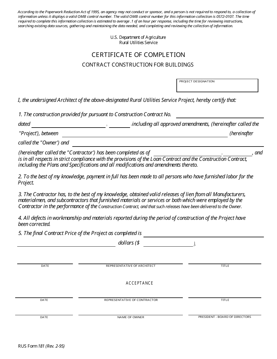 RUS Form 181 Certificate of Completion - Contract Construction for Buildings, Page 1