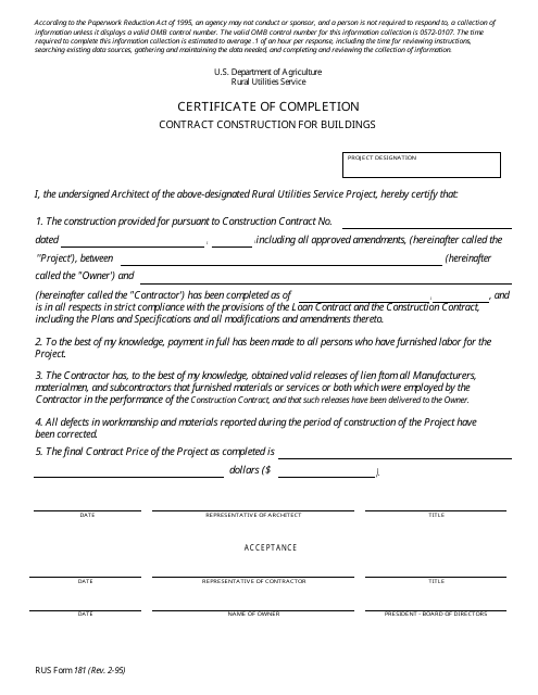 RUS Form 181  Printable Pdf