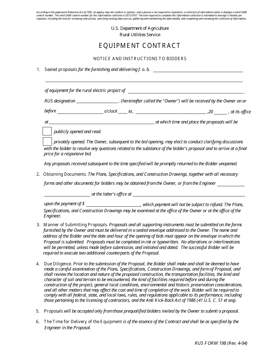 RUS Form 198 Equipment Contract, Page 1
