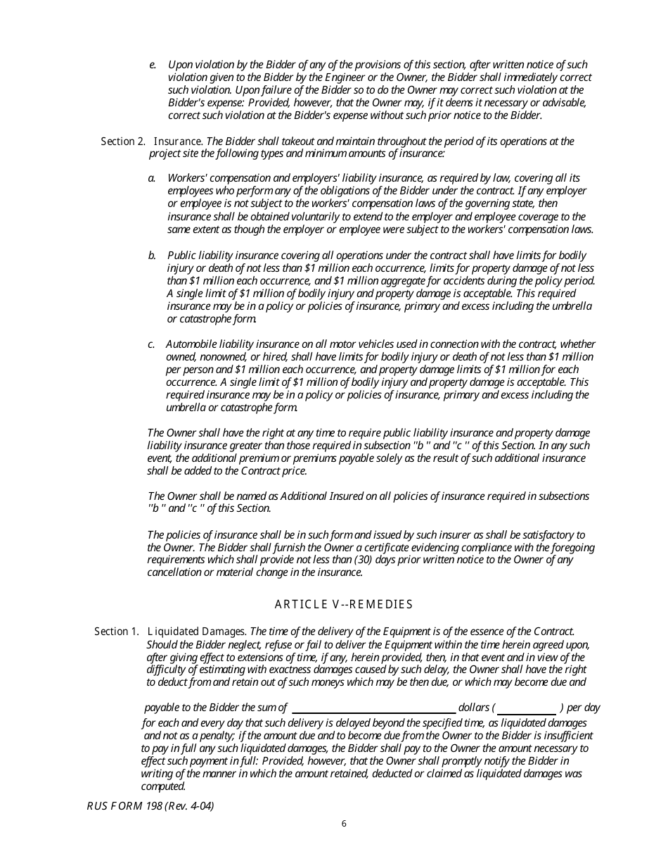 RUS Form 198 Equipment Contract, Page 6