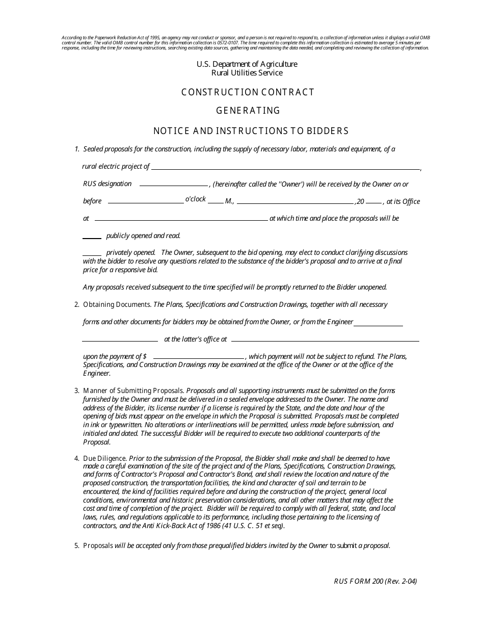 RUS Form 200 Construction Contract - Generating, Page 1