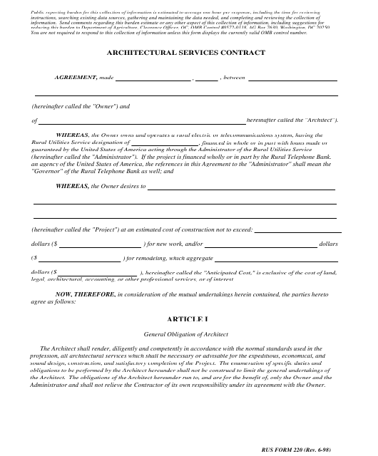 RUS Form 220 Download Fillable PDF or Fill Online Architectural ...