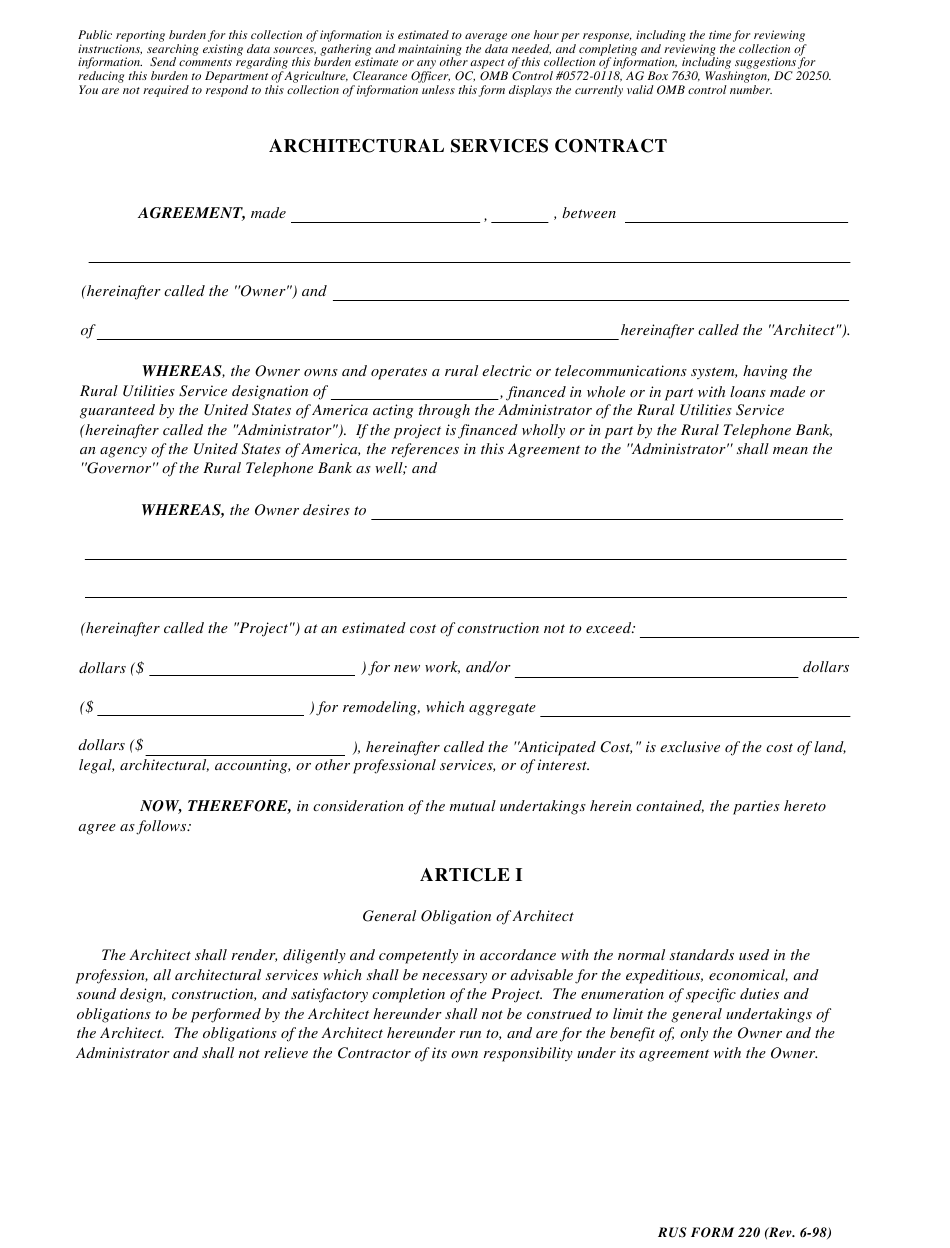 RUS Form 220 Download Fillable PDF or Fill Online Architectural ...