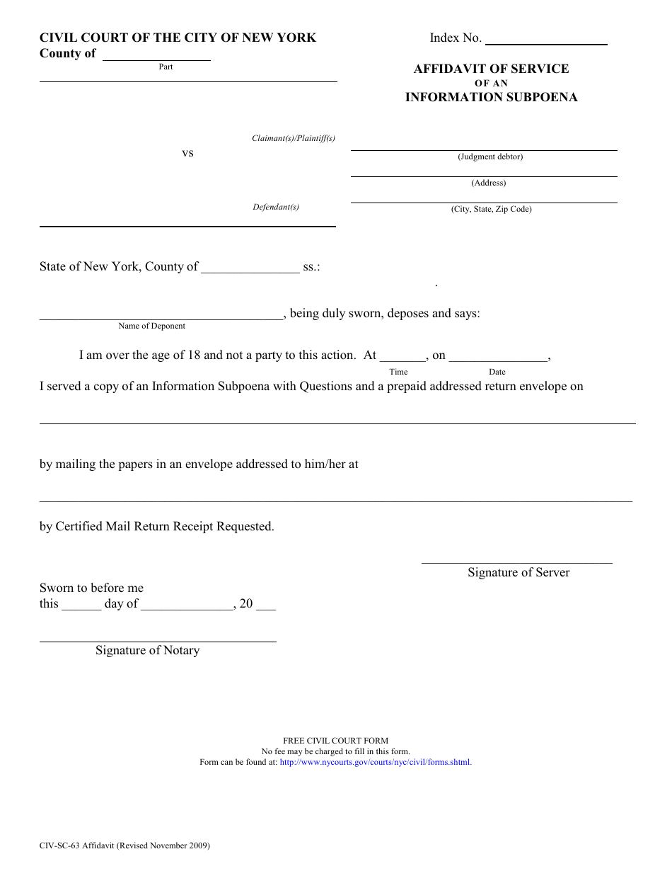 Form CIV-SC-63 Affidavit of Service of an Information Subpoena - New York City, Page 1