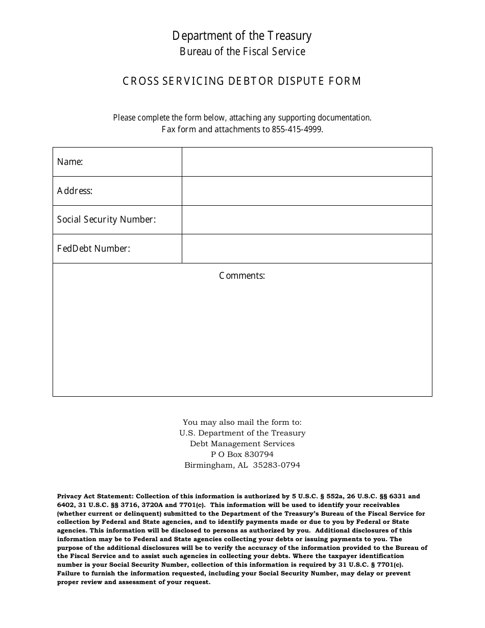 Cross Servicing Debtor Dispute Form, Page 1